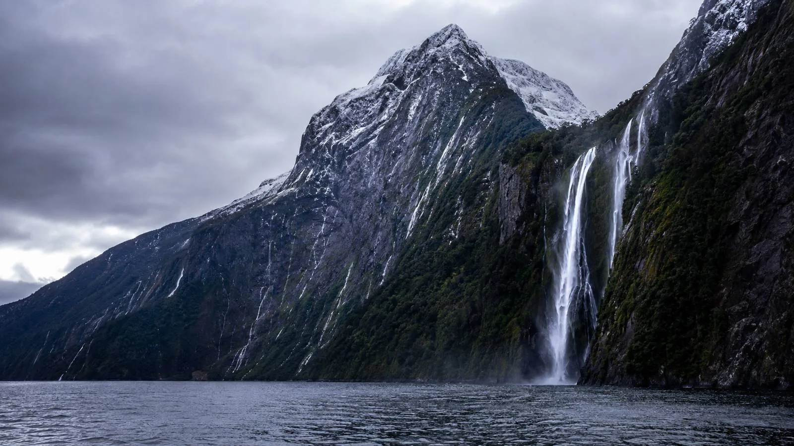 Snow on the peaks above Milford Sound in winter