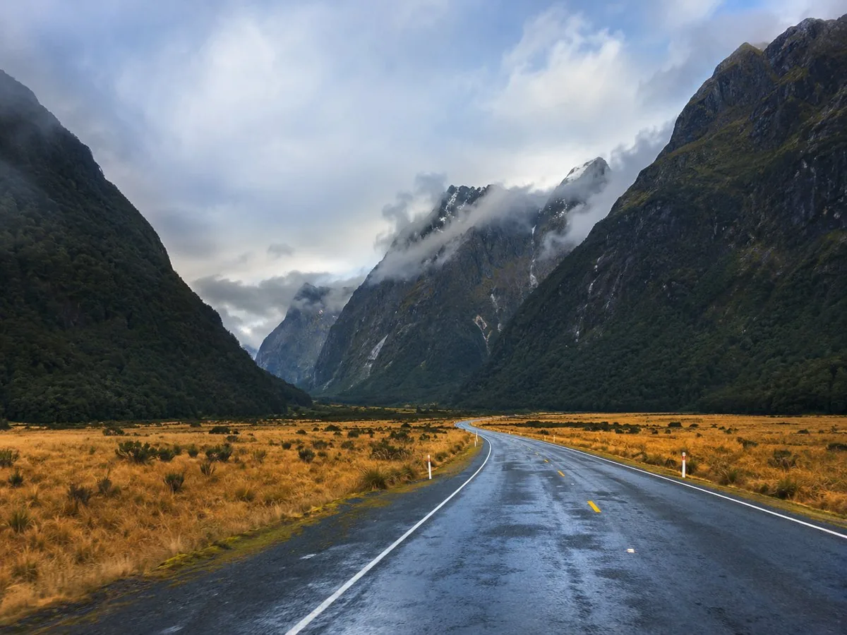 The Milford Road crossing the Eglinton Valley flats