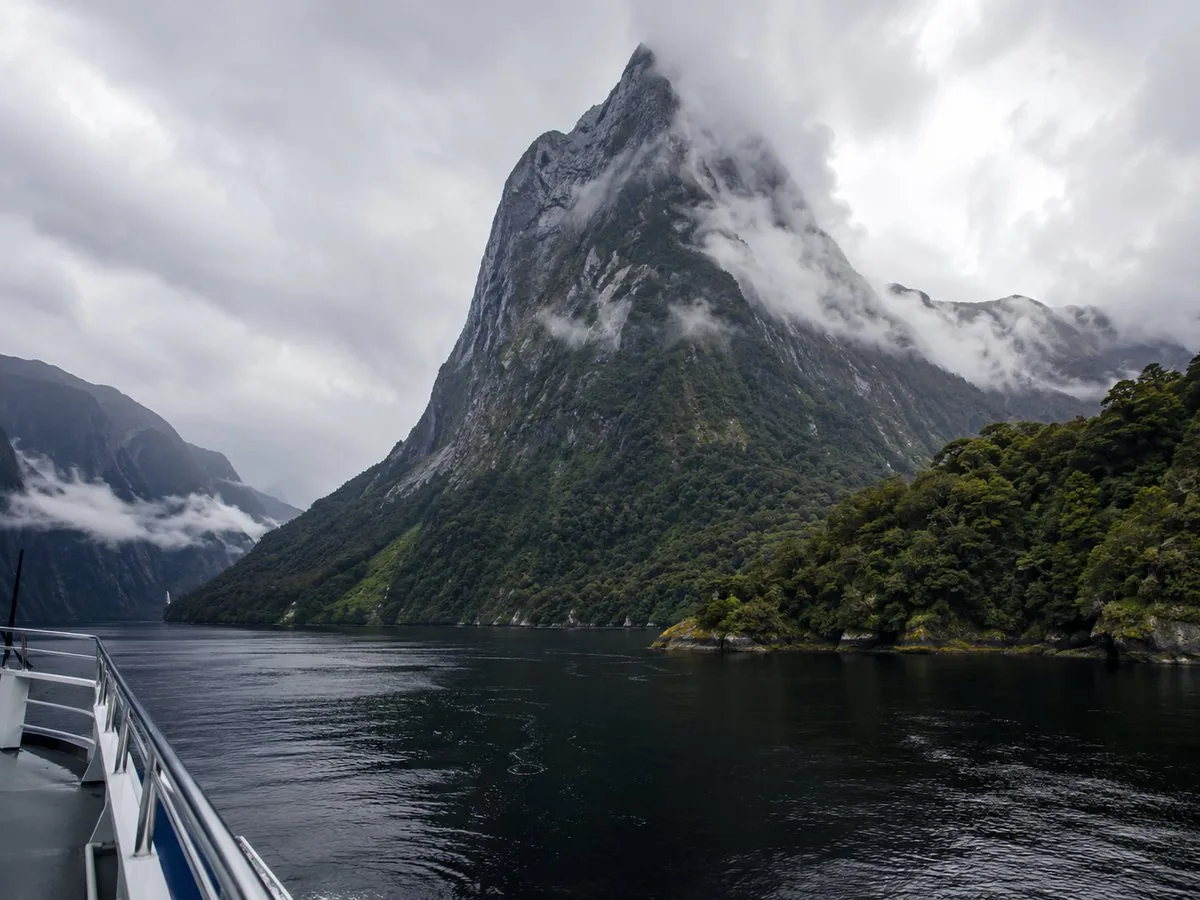 Mitre Peak rising 1,692 metres straight out of Milford Sound